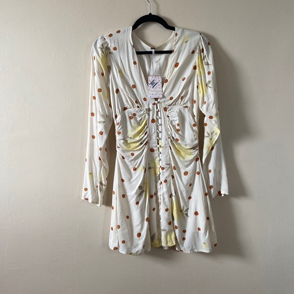 Free People Floral Polka dot  Mini Dress new size XS long sleeve Cream  yellow - Picture 2 of 8